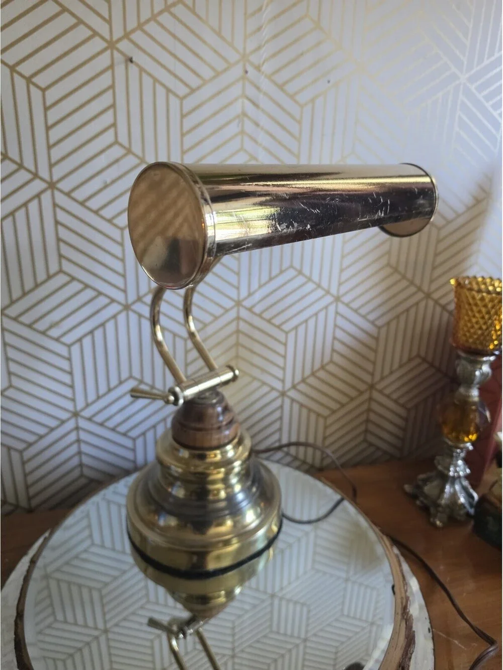 Vintage Underwriters Laboratories Brass Wood Piano Desk Bankers Adjustable Lamp